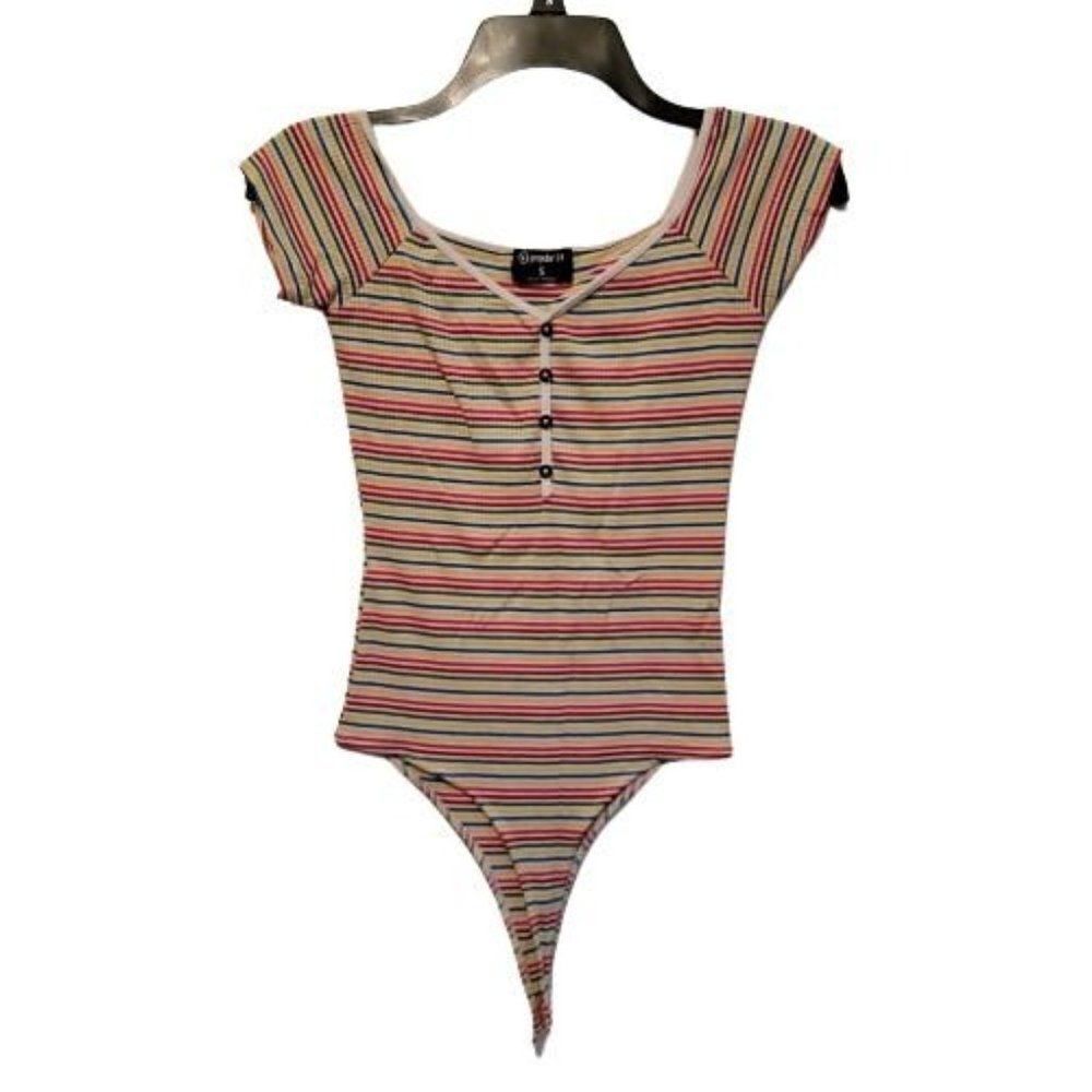 Popular 21 Juniors Multicolor Striped Short Sleeve One Piece Bodysuit Size Small
